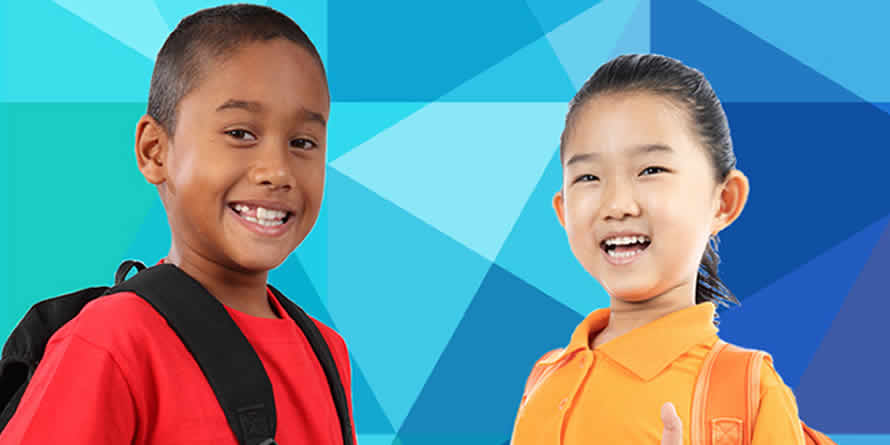 Black boy with black backpack and Asian girl smiling